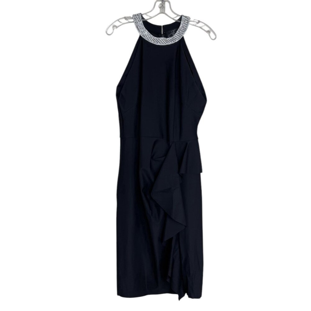 Alex Evenings Dress Womens Size 16 Black Ruffle Rhinestone Neck